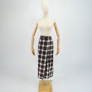 Vintage 90s J London Red Green Ivory Tartan Plaid Wool Wrap Midi Skirt